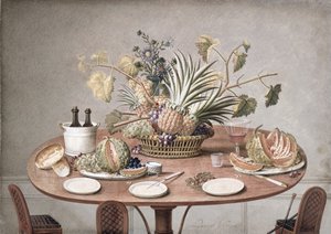 Natura morta di un tavolo con fiori e frutta, c.1810